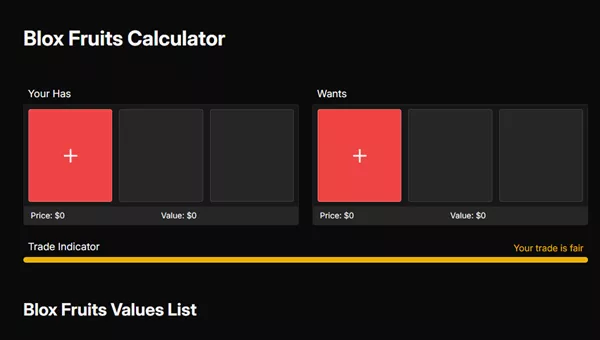 Blox Fruits calculator interface