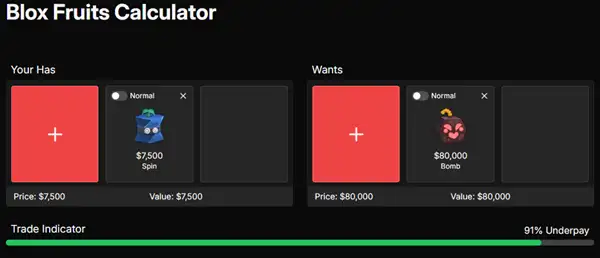 Blox Fruits Calculator interface showing data input and results.