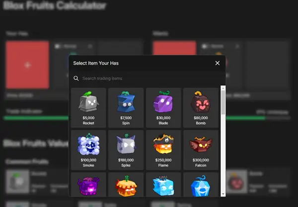 Steps for trading with Blox Fruits Calculator, including items input.
